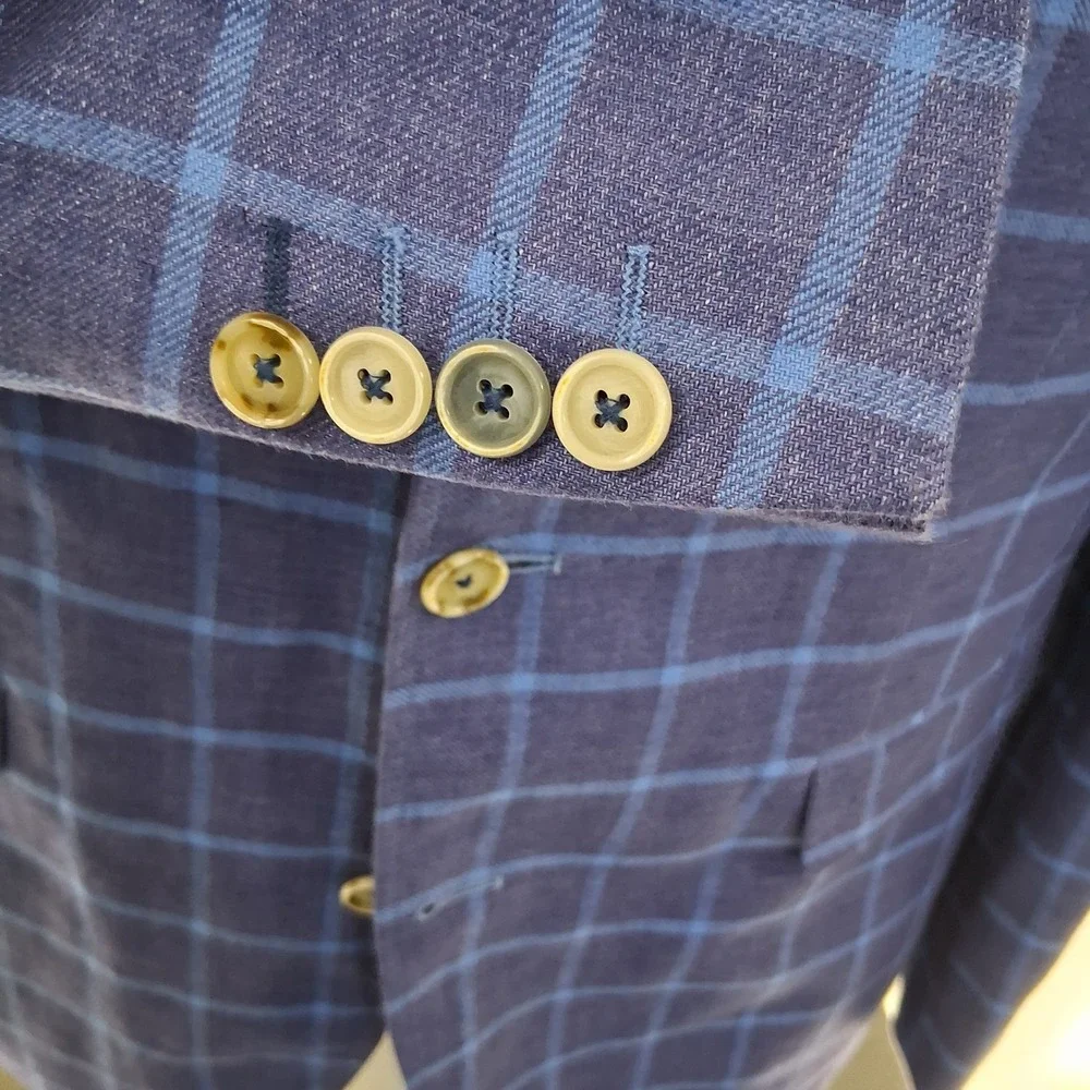 Sand Copenhagen Blazer 42R / 54EU Blue Windowpane Sherman 100% Linen Sport Coat